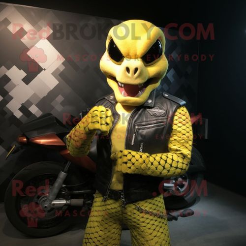 Personnage De Costume De Mascotte Redbrokoly De Python Jaune Citron Habillé D'une Veste De Motard Et De Porte-Clés