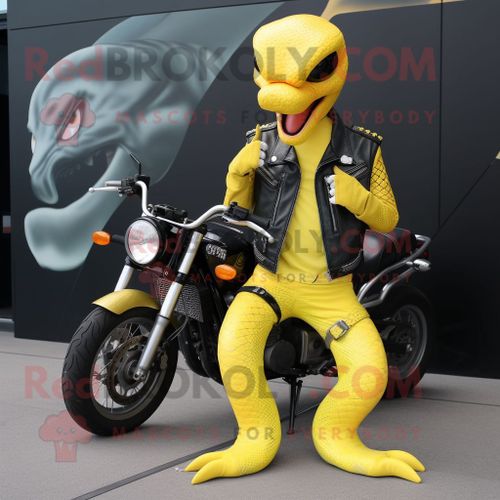 Personnage De Costume De Mascotte Redbrokoly De Python Jaune Citron Habillé D'une Veste De Motard Et De Porte-Clés