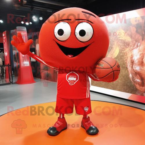 Personnage De Costume De Mascotte Redbrokoly De Ballon De Basket-Ball Rouge Habillé D'un T-Shirt À Manches Longues Et De Sacs À Dos