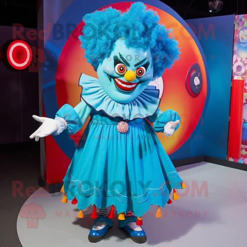 Personnage De Costume De Mascotte Redbrokoly Cyan Evil Clown Habillé D'une Jupe Circulaire Et De Porte-Clés