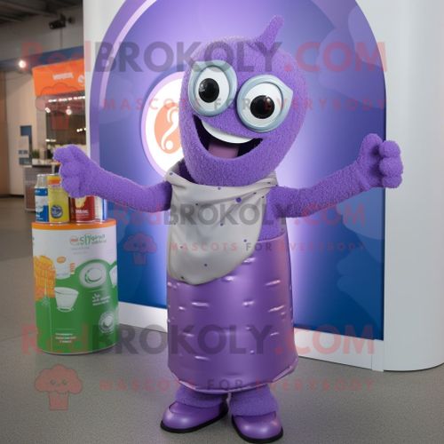 Personnage De Costume De Mascotte Redbrokoly Lavender Soda Can Habillé Avec Un Pull Et Des Pochettes