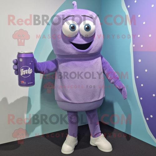 Personnage De Costume De Mascotte Redbrokoly Lavender Soda Can Habillé Avec Un Pull Et Des Pochettes