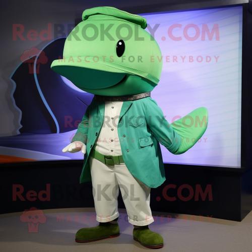 Personnage De Costume De Mascotte Redbrokoly De Baleine Verte Habillé D'une Chemise En Popeline Et D'épingles À Chapeau