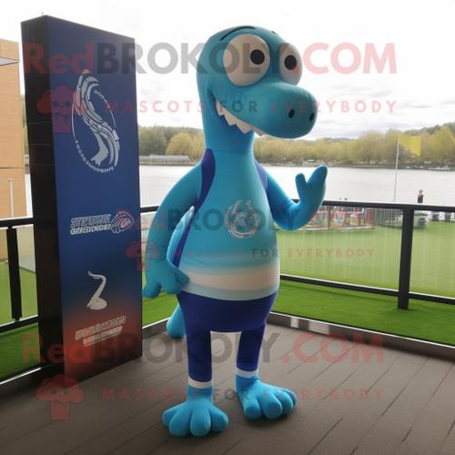Personnage De Costume De Mascotte Redbrokoly De Monstre Du Loch Ness Bleu Ciel Habillé D'un Short De Course Et De Clips D'écharpe