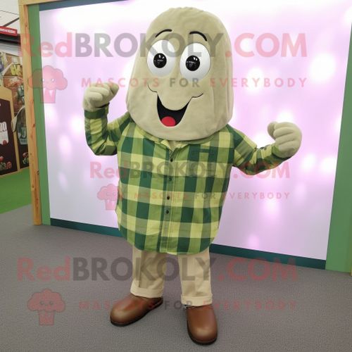 Personnage De Costume De Mascotte Redbrokoly De Haricot Vert Olive Habillé D'une Chemise En Flanelle Et De Pinces À Cheveux
