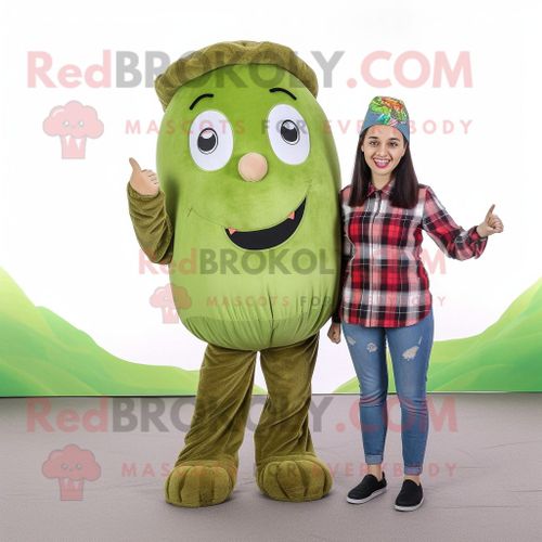 Personnage De Costume De Mascotte Redbrokoly De Haricot Vert Olive Habillé D'une Chemise En Flanelle Et De Pinces À Cheveux