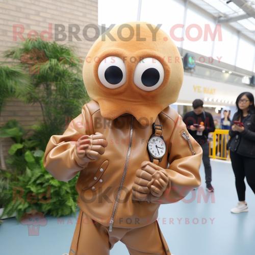 Personnage De Costume De Mascotte Redbrokoly Octopus Tan Vêtu D'une Veste En Cuir Et De Montres Numériques