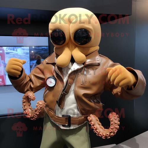 Personnage De Costume De Mascotte Redbrokoly Octopus Tan Vêtu D'une Veste En Cuir Et De Montres Numériques