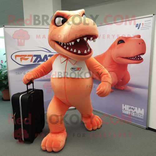 Personnage De Costume De Mascotte Redbrokoly Peach T Rex Habillé D'un Short De Course Et De Porte-Documents