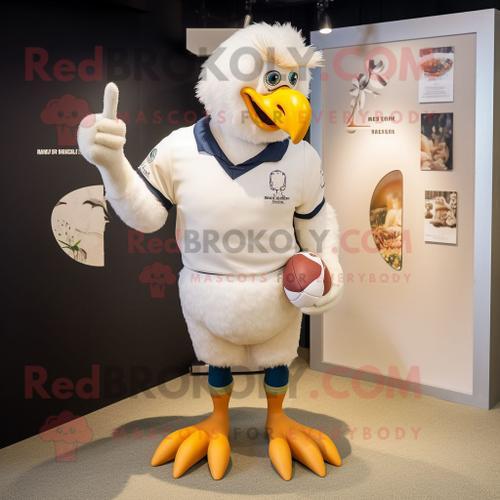 Personnage De Costume De Mascotte Redbrokoly De Pigeon Crème Habillé D'un Maillot De Rugby Et D'anneaux