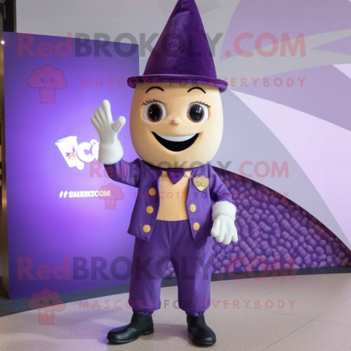 Mascotte Redbrokoly De Personnage Pop Corn Violet Habillé Avec Un Jean Flare Et Des Pochettes De Costume