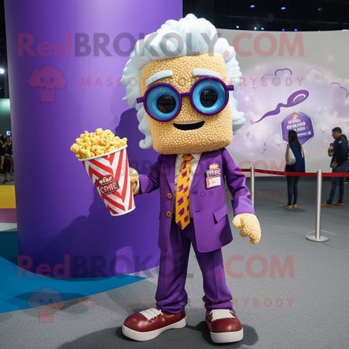 Mascotte Redbrokoly De Personnage Pop Corn Violet Habillé Avec Un Jean Flare Et Des Pochettes De Costume