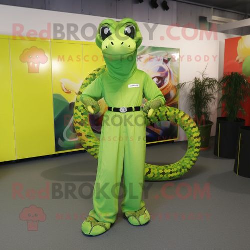 Personnage De Costume De Mascotte Redbrokoly De Python Vert Citron Vêtu D'une Salopette Et De Bandeaux