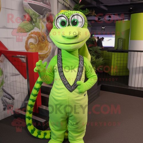 Personnage De Costume De Mascotte Redbrokoly De Python Vert Citron Vêtu D'une Salopette Et De Bandeaux