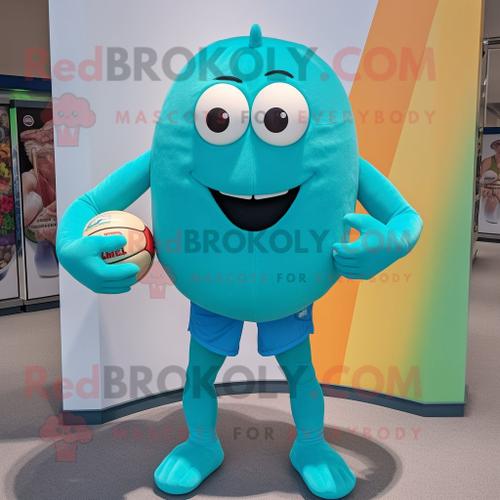 Personnage De Costume De Mascotte Redbrokoly De Balle De Handball Turquoise Habillé D'un Débardeur Et De Ceintures