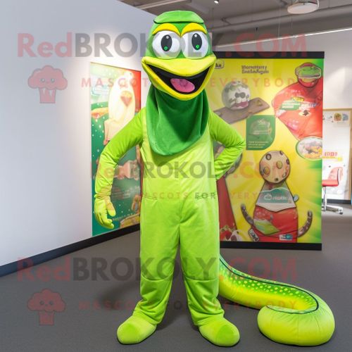 Personnage De Costume De Mascotte Redbrokoly De Python Vert Citron Vêtu D'une Salopette Et De Bandeaux