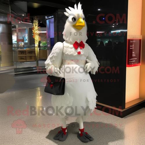 Personnage De Costume De Mascotte Redbrokoly De Coq Blanc Habillé D'une Mini Robe Et De Pochettes