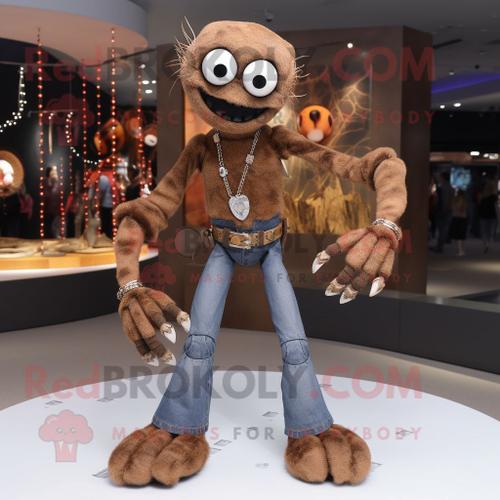 Costume De Mascotte Redbrokoly D'araignée Brune Habillée D'un Jean Et De Colliers