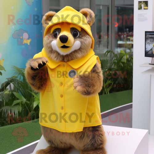 Personnage De Costume De Mascotte Redbrokoly D'ours À Lunettes Jaune Habillé D'une Robe Midi Et De Bonnets