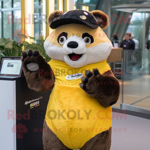 Personnage De Costume De Mascotte Redbrokoly D'ours À Lunettes Jaune Habillé D'une Robe Midi Et De Bonnets