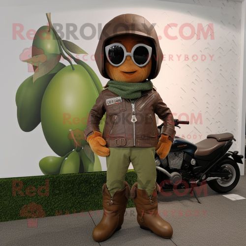 Personnage De Costume De Mascotte Redbrokoly Olive Mango Habillé D'une Veste De Moto Et De Chapeaux