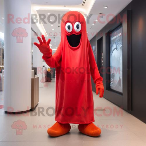 Personnage De Costume De Mascotte Redbrokoly Red Ghost Habillé D'un Jean Skinny Et De Gants