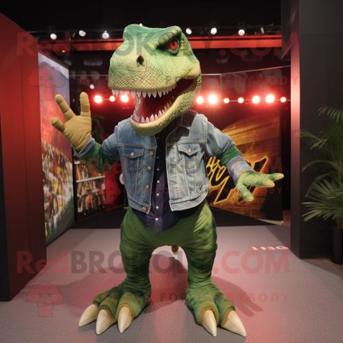 Personnage De Costume De Mascotte Redbrokoly De T Rex Vert Forêt Habillé Avec Un Jean Et Des Pinces À Cheveux