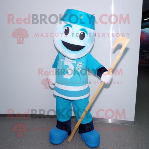 Personnage De Costume De Mascotte Redbrokoly De Bâton De Hockey Sur Glace Cyan Habillé D'un Maillot De Bain Et De Bandeaux