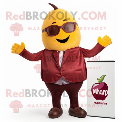 Personnage De Costume De Mascotte Redbrokoly Mango Marron Habillé D'une Veste Et D'épingles À Cheveux