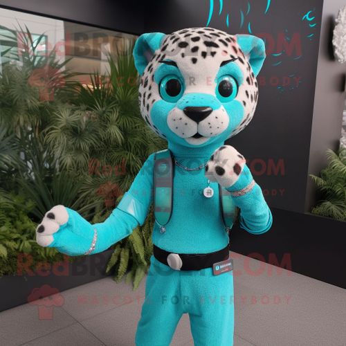 Personnage De Costume De Mascotte Redbrokoly De Léopard Turquoise Habillé D'un Débardeur Et De Montres Connectées