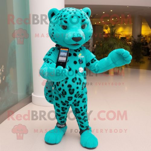 Personnage De Costume De Mascotte Redbrokoly De Léopard Turquoise Habillé D'un Débardeur Et De Montres Connectées