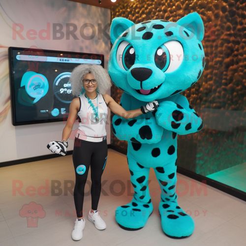 Personnage De Costume De Mascotte Redbrokoly De Léopard Turquoise Habillé D'un Débardeur Et De Montres Connectées