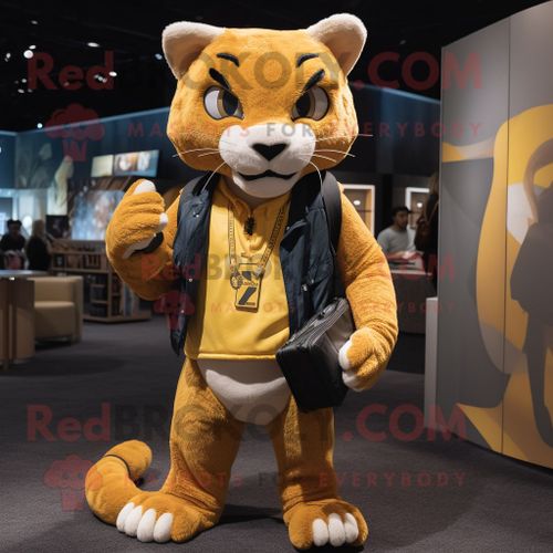 Personnage De Costume De Mascotte Redbrokoly Puma Doré Habillé D'un Jean Et De Porte-Documents