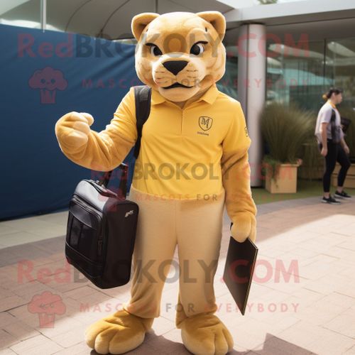Personnage De Costume De Mascotte Redbrokoly Puma Doré Habillé D'un Jean Et De Porte-Documents
