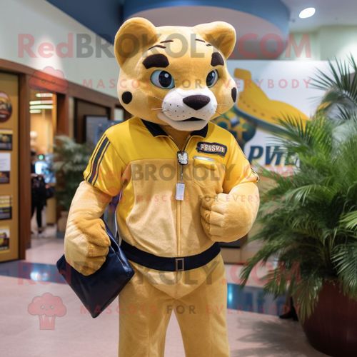 Personnage De Costume De Mascotte Redbrokoly Puma Doré Habillé D'un Jean Et De Porte-Documents