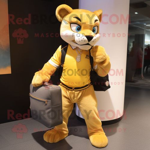 Personnage De Costume De Mascotte Redbrokoly Puma Doré Habillé D'un Jean Et De Porte-Documents