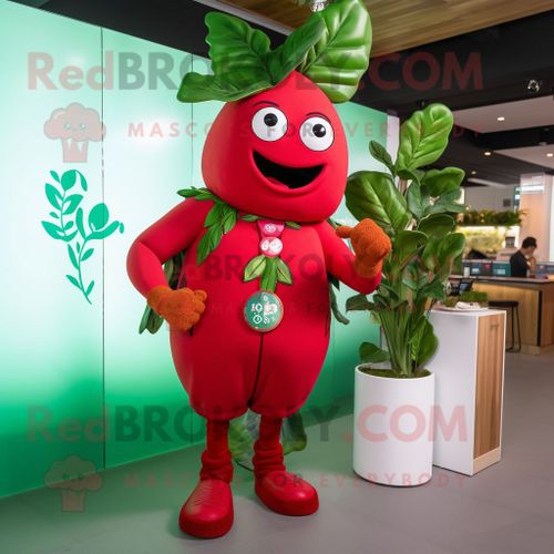Personnage De Costume De Mascotte Redbrokoly De Haricot Rouge Habillé D'un T-Shirt Et De Montres Numériques