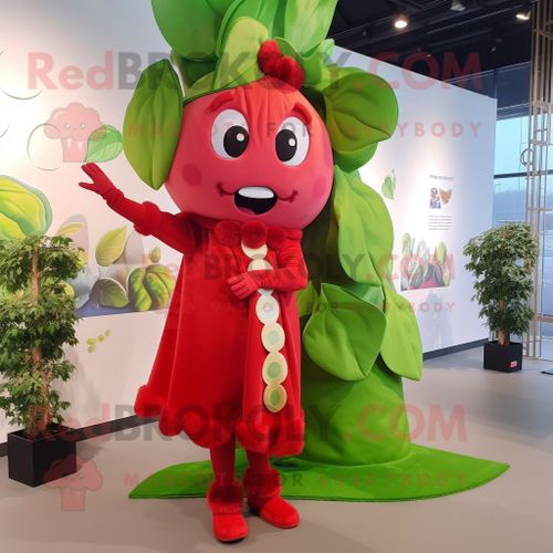Personnage De Costume De Mascotte Redbrokoly De Haricot Rouge Habillé D'un Manteau Et D'épingles À Cheveux