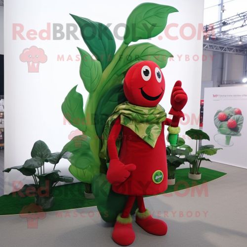 Personnage De Costume De Mascotte Redbrokoly De Haricot Rouge Habillé D'un Manteau Et D'épingles À Cheveux