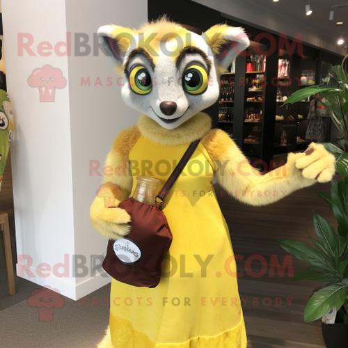 Personnage De Costume De Mascotte Redbrokoly De Lémurien Jaune Citron Habillé D'une Robe De Cocktail Et De Sacs Fourre-Tout