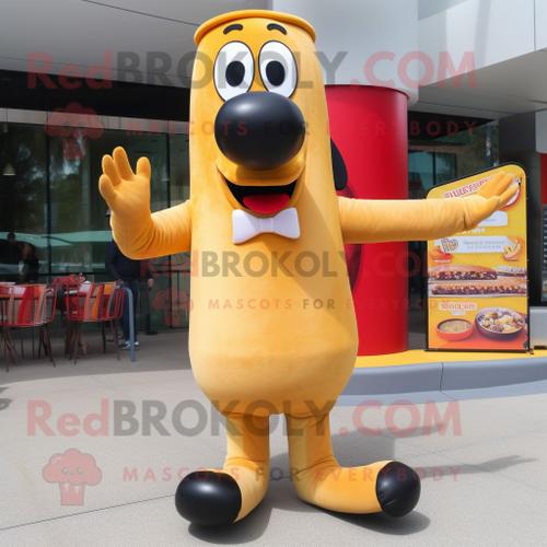 Personnage De Costume De Mascotte Redbrokoly Hot Dogs Doré Habillé D'un Legging Et De Gants