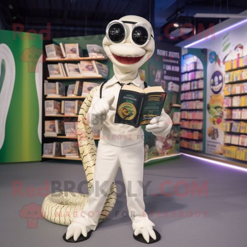 Mascotte Redbrokoly De Personnage De Python Blanc Habillé D'un Pantalon Et De Lunettes De Lecture