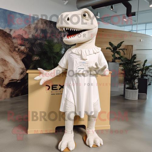 Personnage De Costume De Mascotte Redbrokoly De T Rex Crème Habillé D'une Robe Midi Et De Pinces À Chaussures