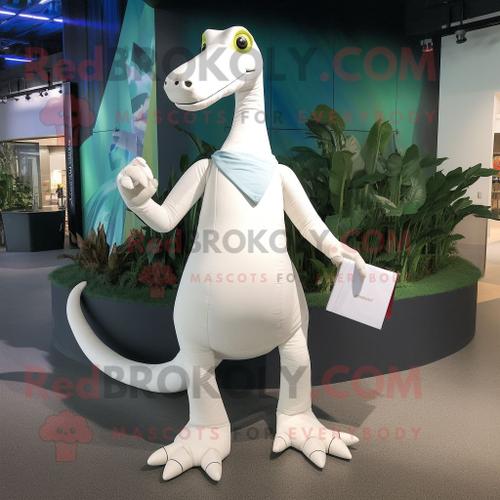 Personnage De Costume De Mascotte Redbrokoly De Brachiosaurus Blanc Habillé D'un Pantacourt Et De Pochettes