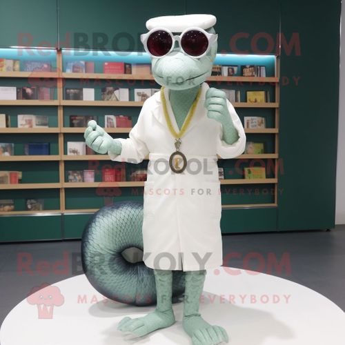 Mascotte Redbrokoly De Personnage De Python Blanc Habillé D'un Pantalon Et De Lunettes De Lecture