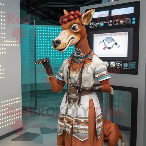 Personnage De Costume De Mascotte Redbrokoly Rust Okapi Habillé D'une Jupe A-Line Et De Montres Numériques