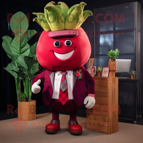 Personnage De Costume De Mascotte Redbrokoly De Navet Rouge Habillé D'un Blazer Et De Cravates