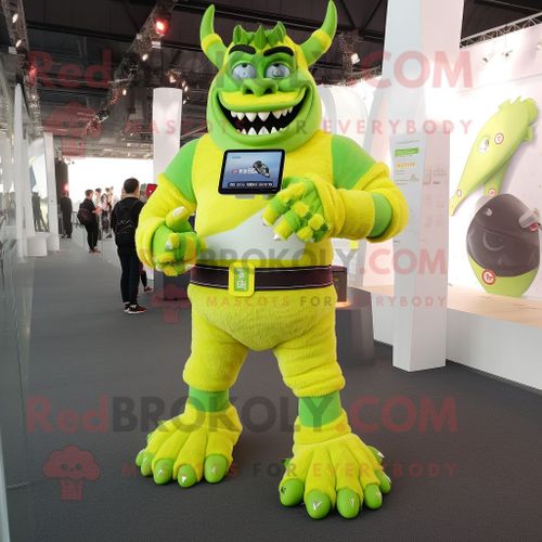 Personnage De Costume De Mascotte Redbrokoly De Démon Vert Citron Vêtu D'un Pantalon Et De Montres Connectées