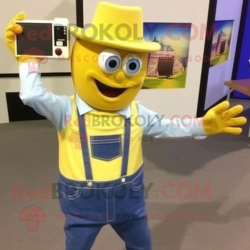 Personnage De Costume De Mascotte Redbrokoly D'appareil Photo Jaune Citron Habillé D'une Chemise En Chambray Et De Portefeuilles