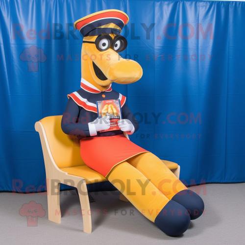 Mascotte Redbrokoly De Personnage De Hot-Dog Bleu Marine Habillé D'un Legging Et De Lunettes De Lecture